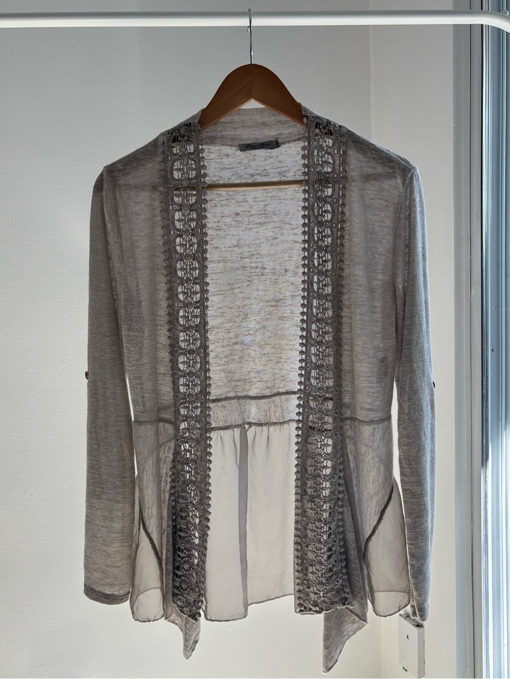 Elena Baldi Crochet-Trim Open Front Women's Taupe Cardigan Made in Italy Size S